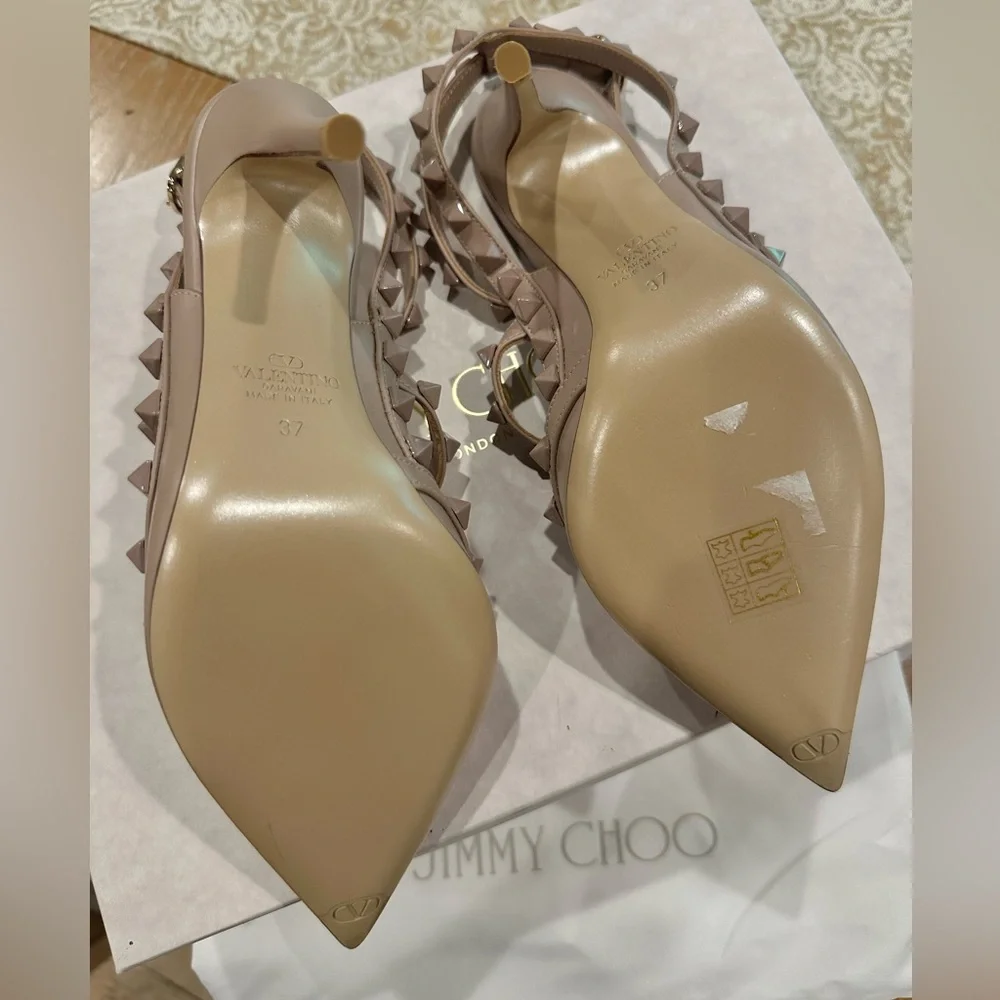 Valentino Rockstud Pointed Toe T-Strap Heels in Nude